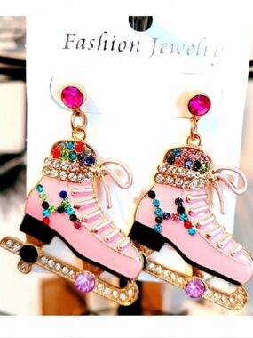 🌺Pink Ice Skate Earings With Rhinestone Embellishments